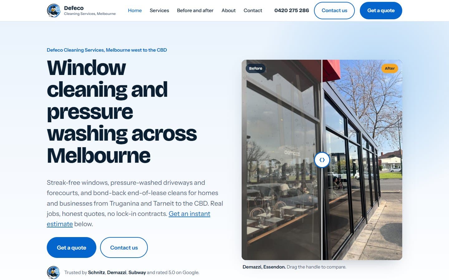 The Defeco Cleaning Services website on a desktop screen