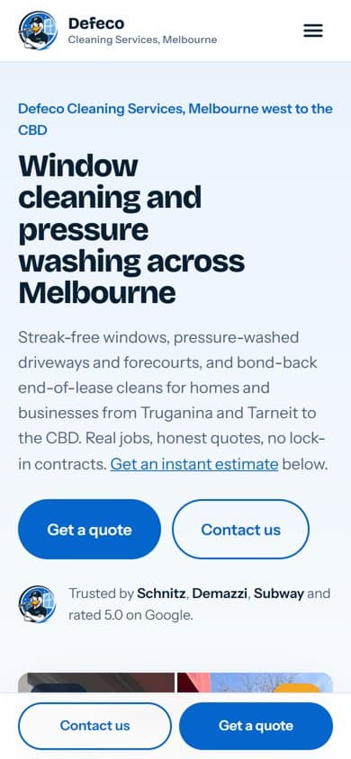 The Defeco Cleaning Services website on a phone